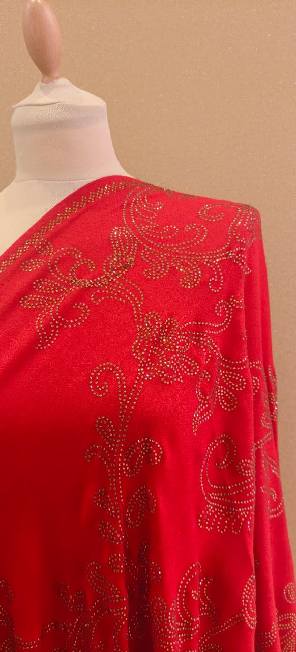 Regal Crimson Scarf with Ornate Gold Crystal Filigre Scarf |House of Inaayat