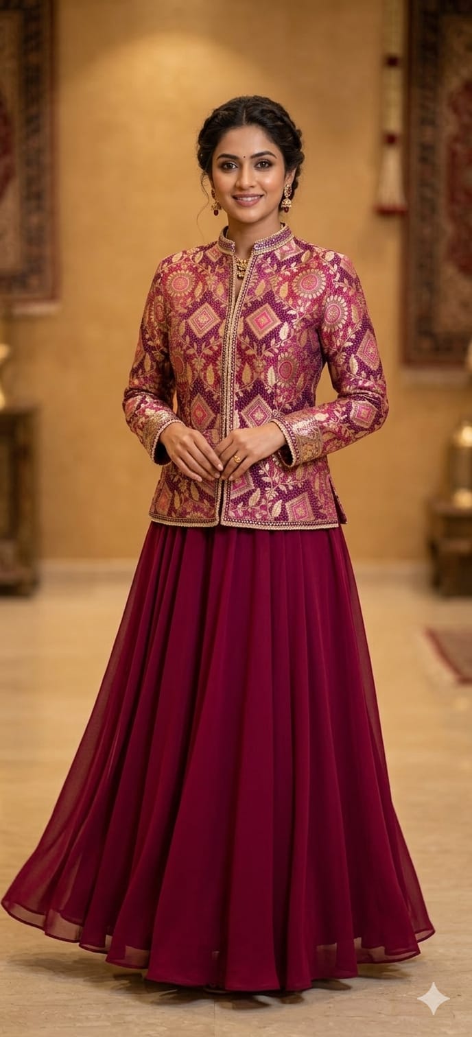 Magenta bandhani jacket with a Georgette sharara| Private Collections
