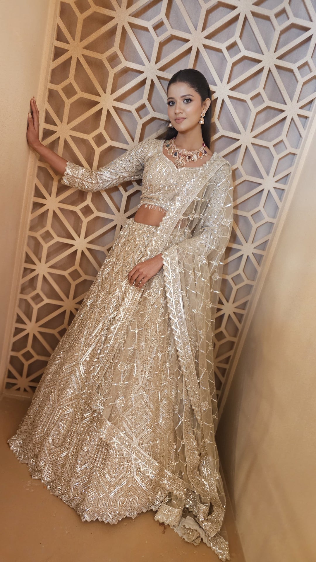 Shagun Mocha Mousse and Gold Ornately Beaded Lehenga Set | Inaayat by Divya Taimni