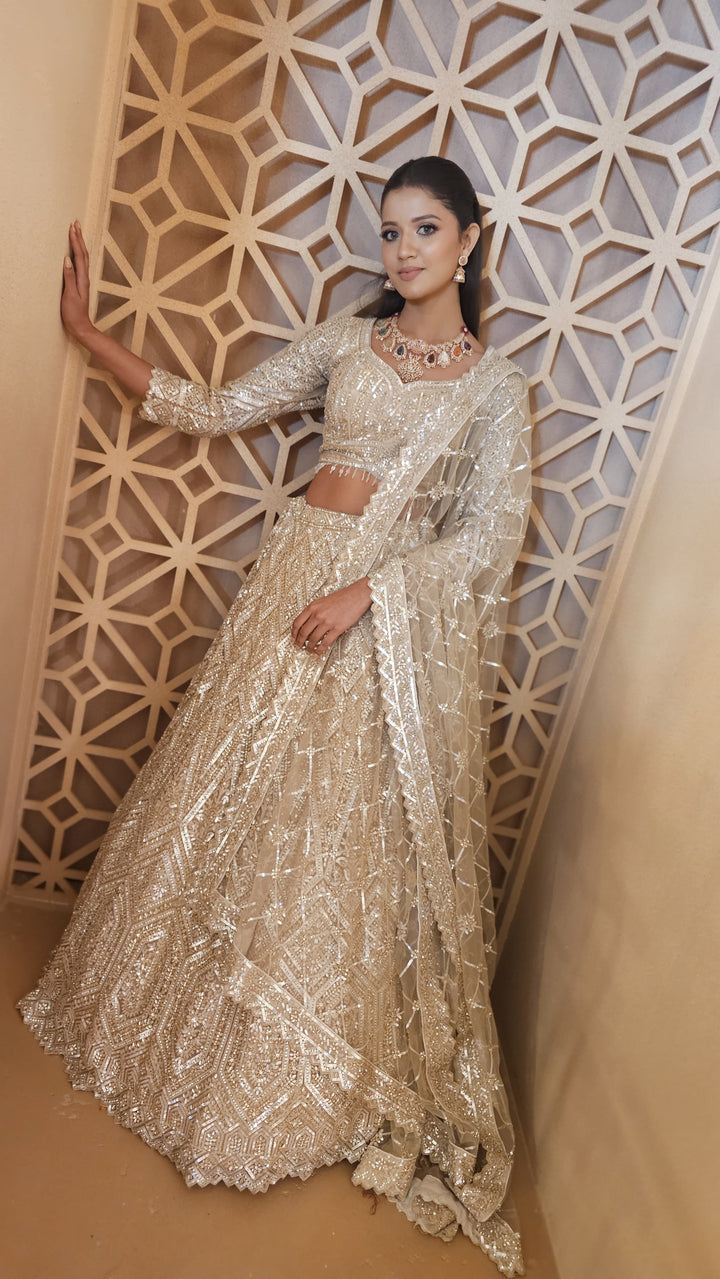 Shagun Mocha Mousse and Gold Ornately Beaded Lehenga Set | Inaayat by Divya Taimni