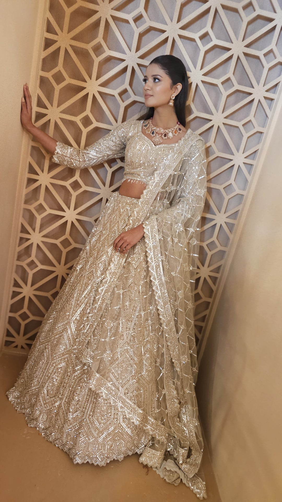 Shagun Mocha Mousse and Gold Ornately Beaded Lehenga Set | Inaayat by Divya Taimni