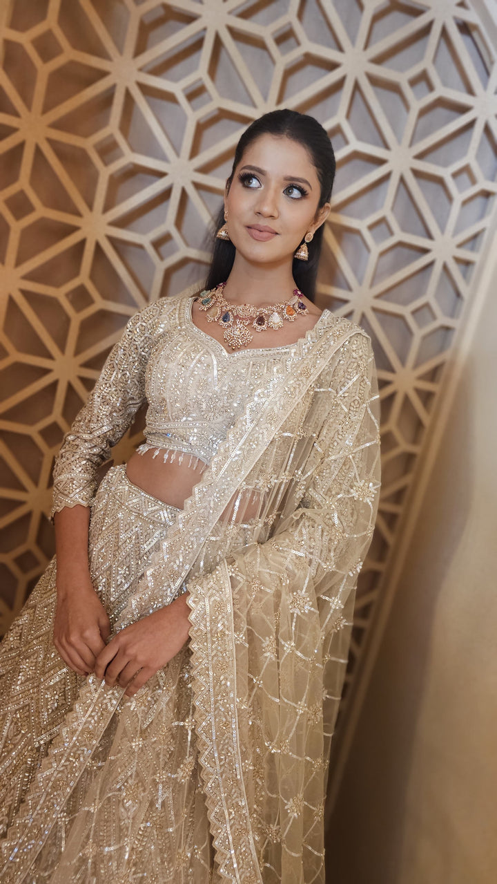 Shagun Mocha Mousse and Gold Ornately Beaded Lehenga Set | Inaayat by Divya Taimni