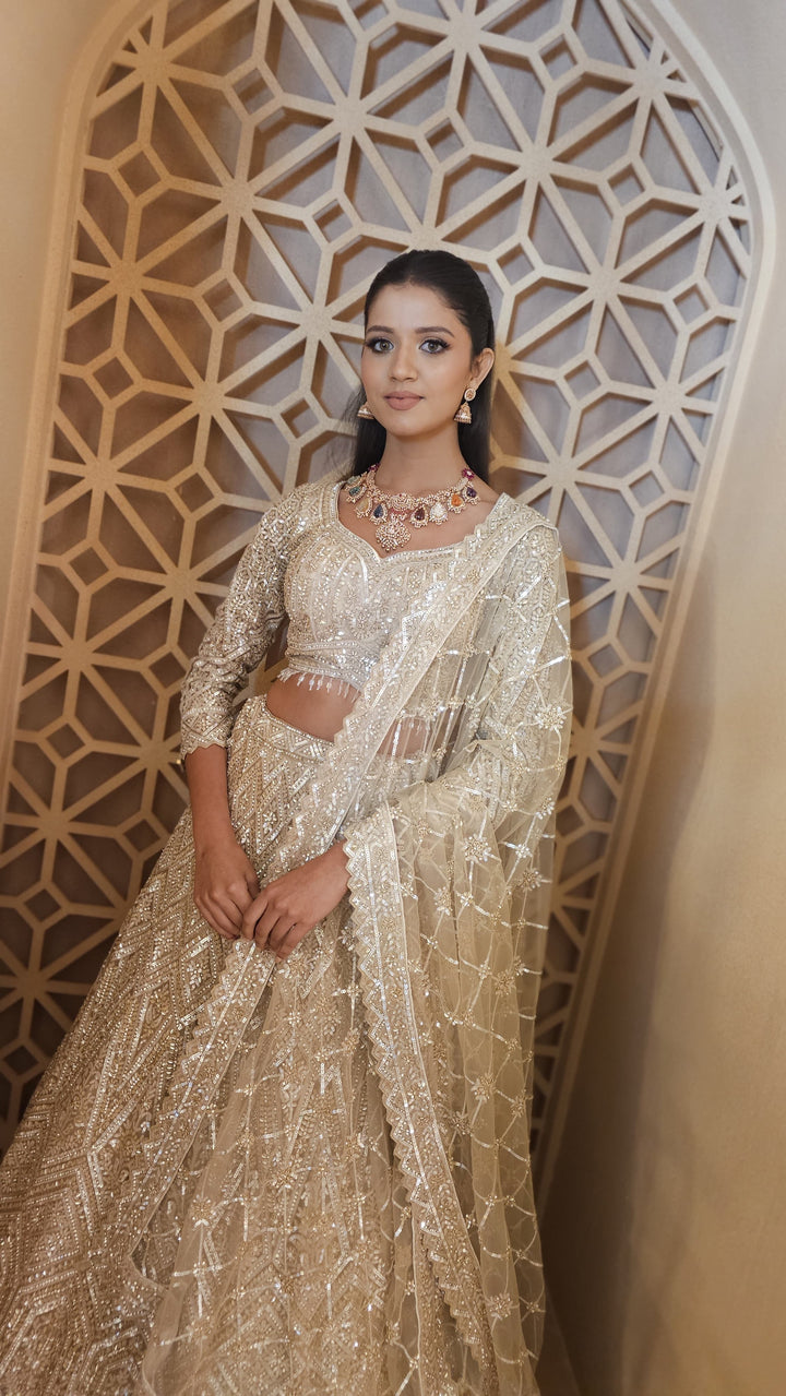 Shagun Mocha Mousse and Gold Ornately Beaded Lehenga Set | Inaayat by Divya Taimni