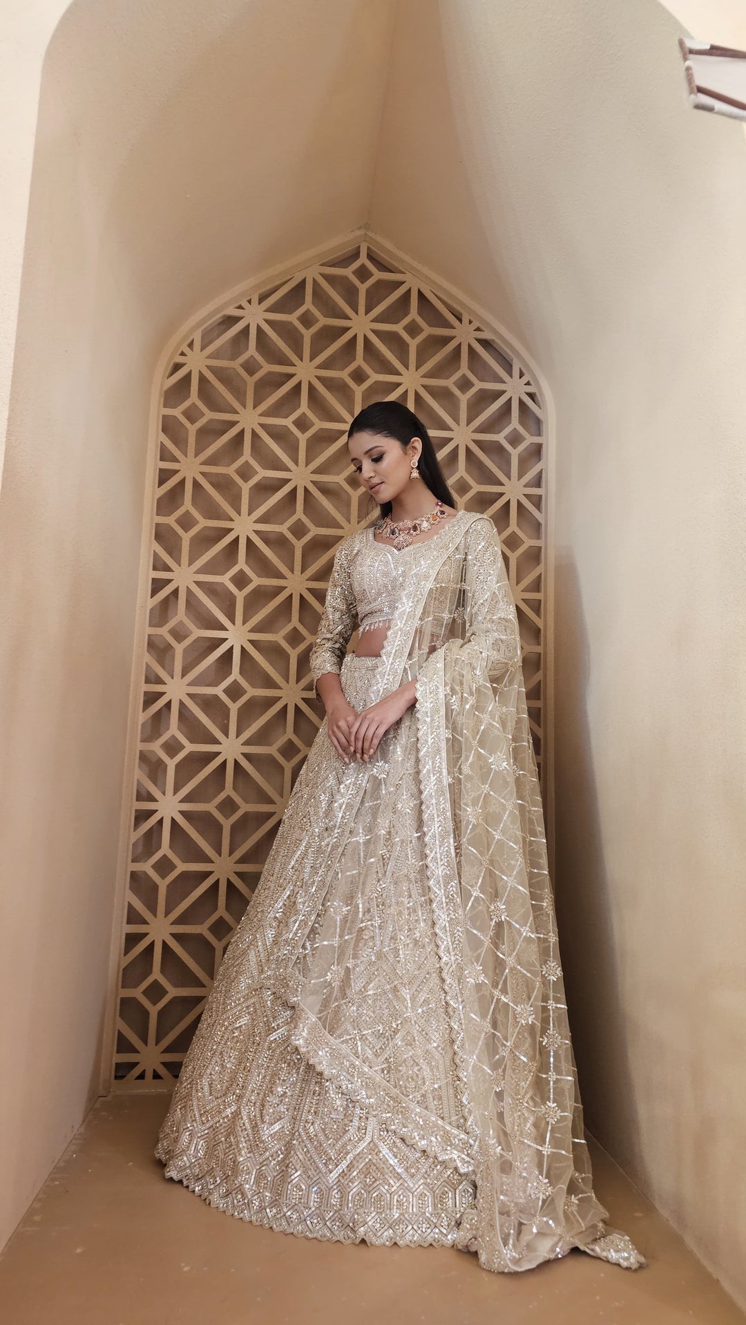 Shagun Mocha Mousse and Gold Ornately Beaded Lehenga Set | Inaayat by Divya Taimni