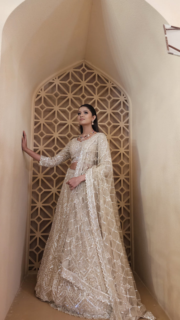 Shagun Mocha Mousse and Gold Ornately Beaded Lehenga Set | Inaayat by Divya Taimni