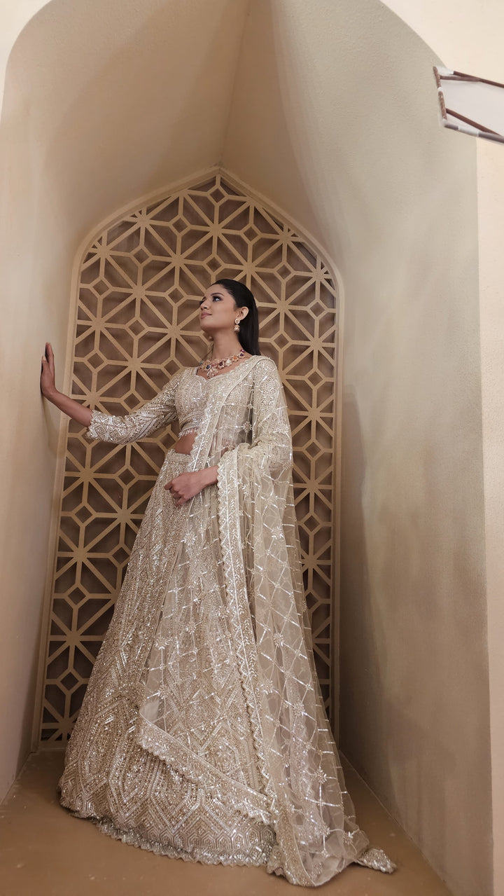 Shagun Mocha Mousse and Gold Ornately Beaded Lehenga Set | Inaayat by Divya Taimni