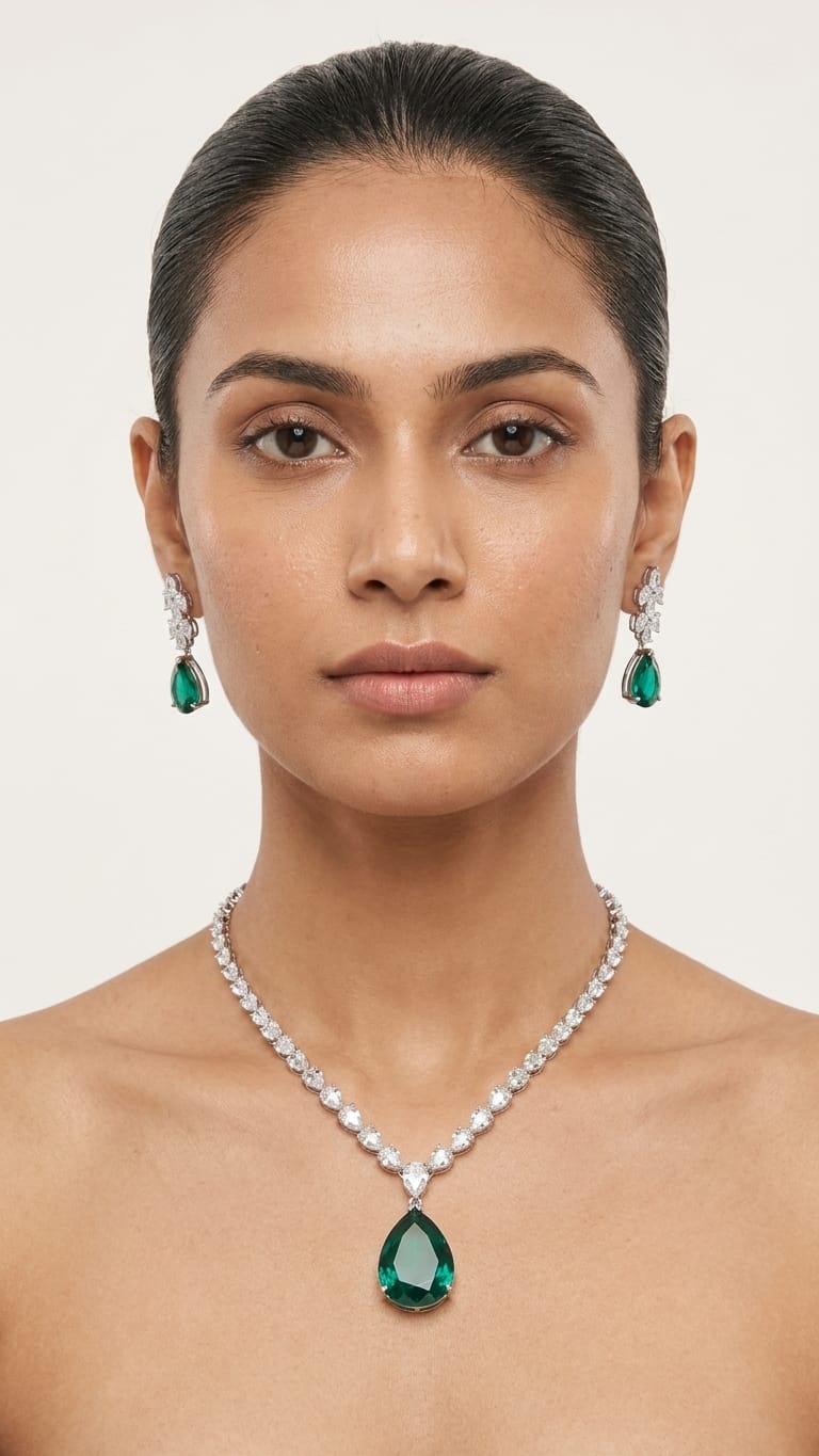 The Verdant Dawn Diamond & Emerald Pendant Set IN 925 SILVER | Astha Jagwani