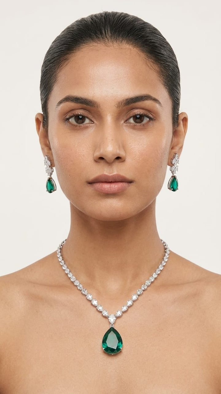 The Verdant Dawn Diamond & Emerald Pendant Set IN 925 SILVER | Astha Jagwani