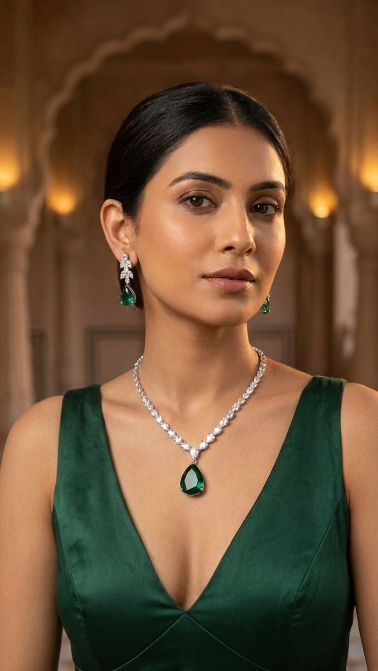 The Verdant Dawn Diamond & Emerald Pendant Set IN 925 SILVER | Astha Jagwani