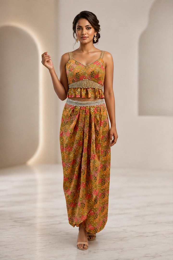 Yellow Printed Peplum Top With a Wrap Skirt and Petticoat| Private Collections