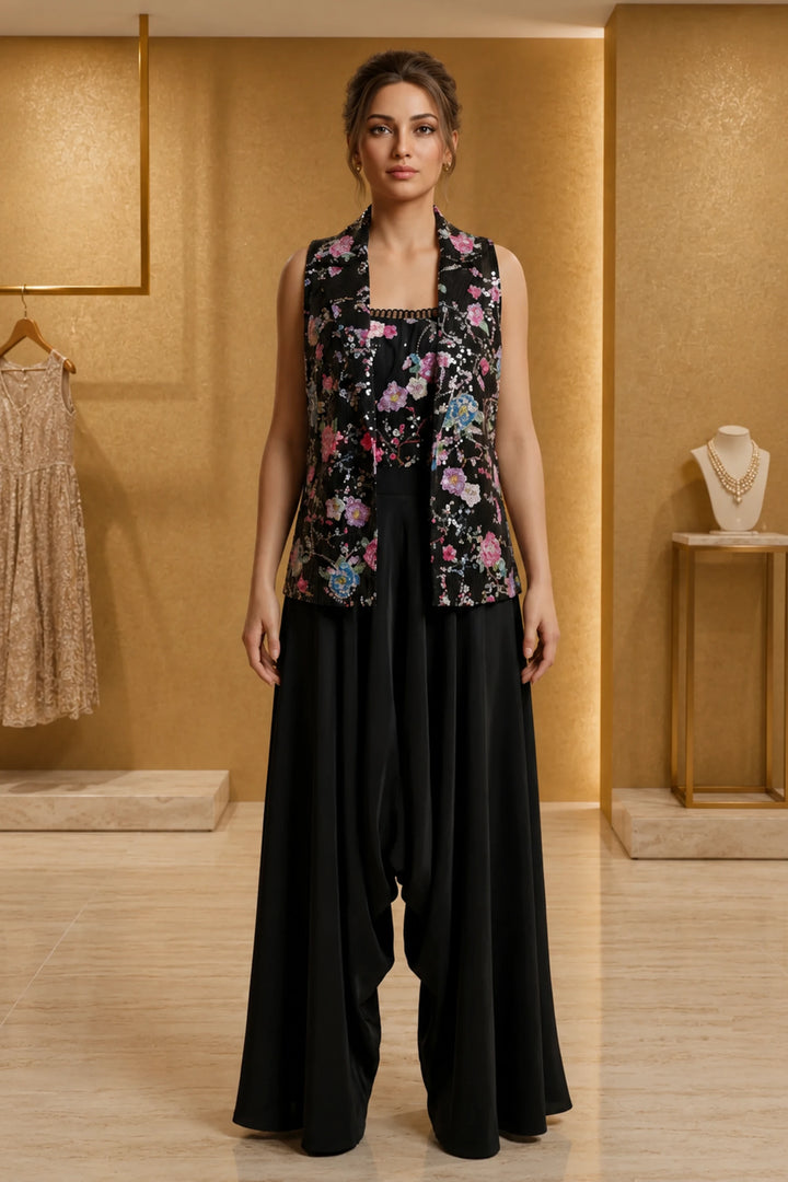 Black Floral Sequence Sleeveless Jacket with in a Tube and Black Crotch| Private Collections