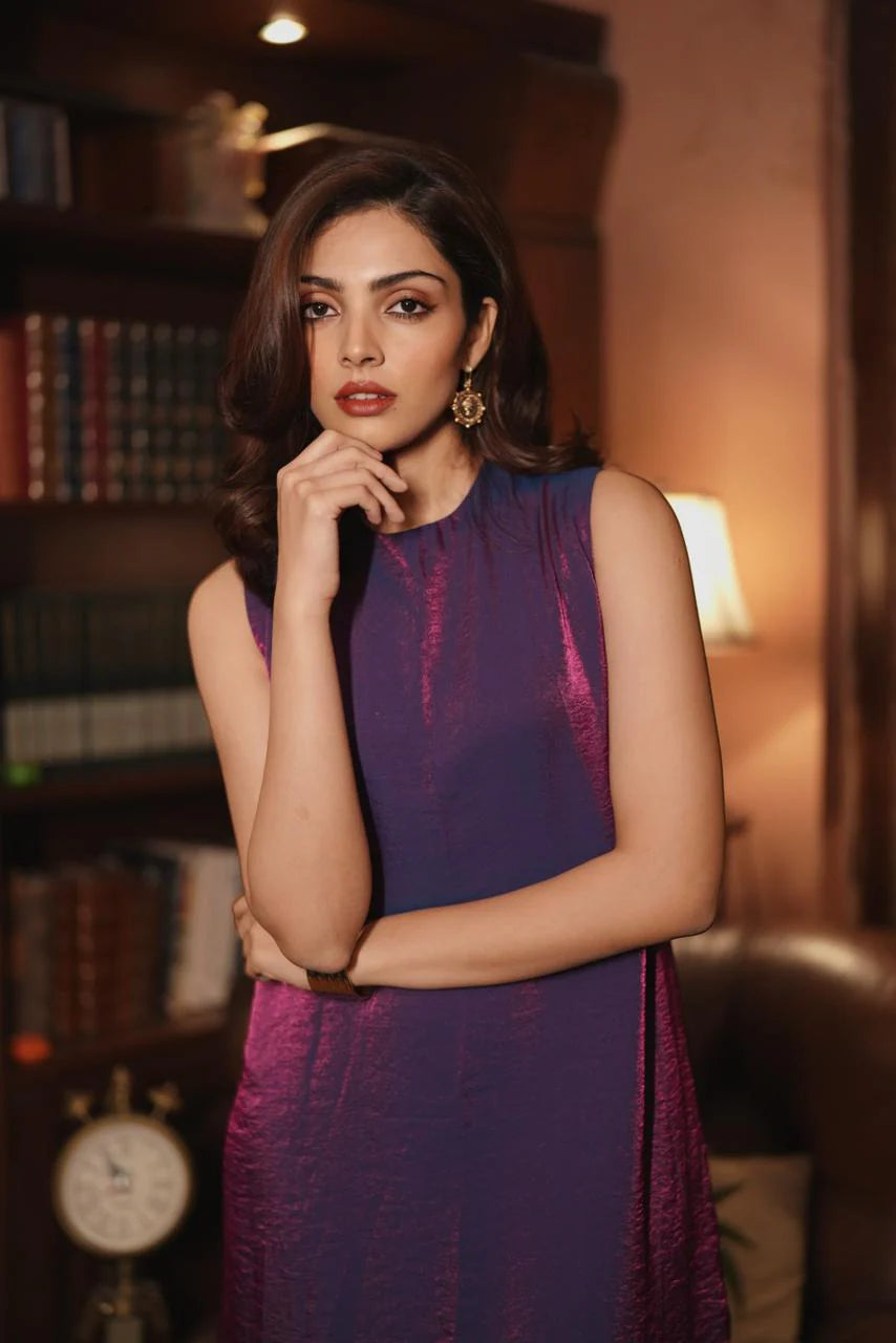Jamun Royal Purple Pleated Tunic Midi Dress | Duchess Kumari