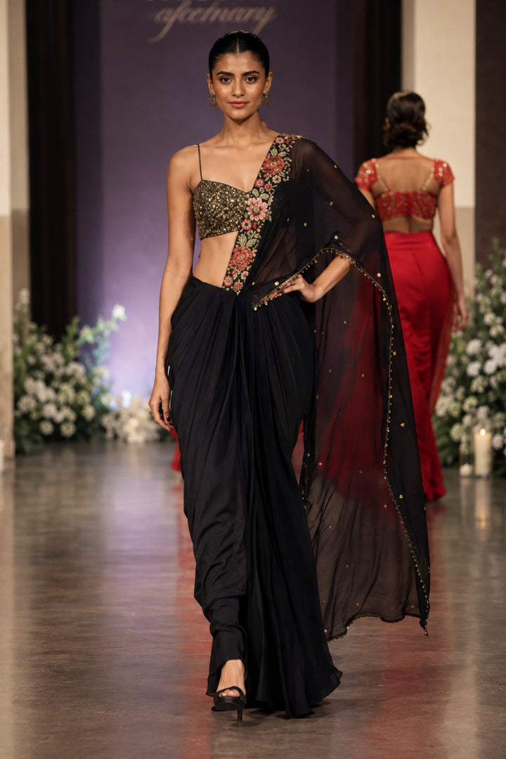 Black Pre-Draped Embroidered Saree | Basanti Kapde Aur Koffee