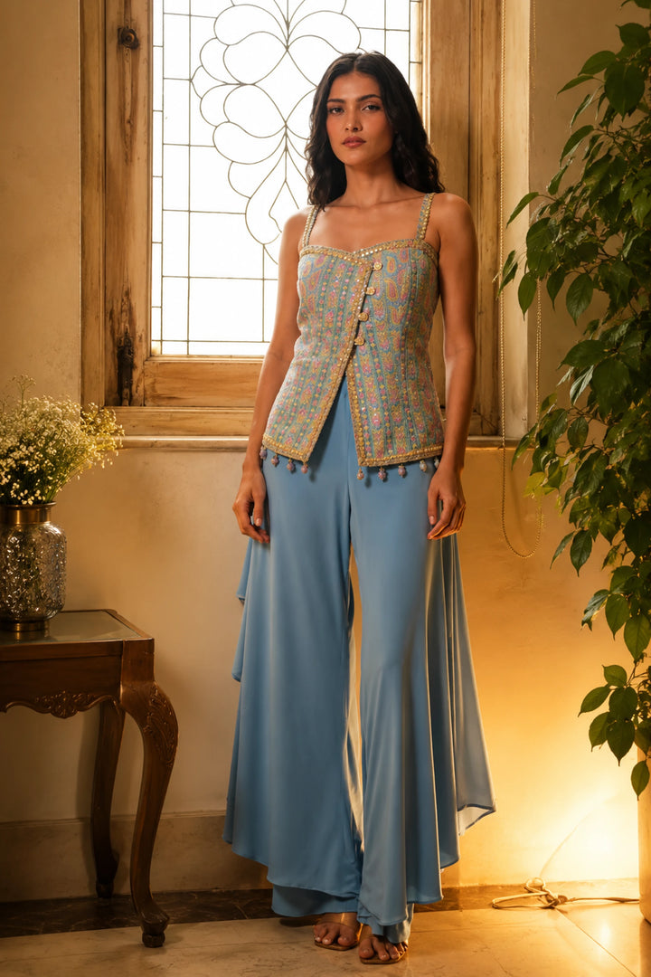 Torquaise Blue Multi Diamond cor-set an asmetrical Sharara| Private Collections