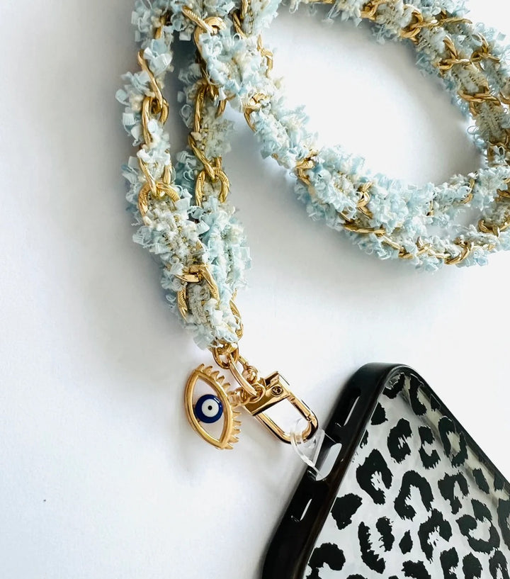 Light Blue Tweed Link Interwoven Crossbody Lanyard |Natelzee