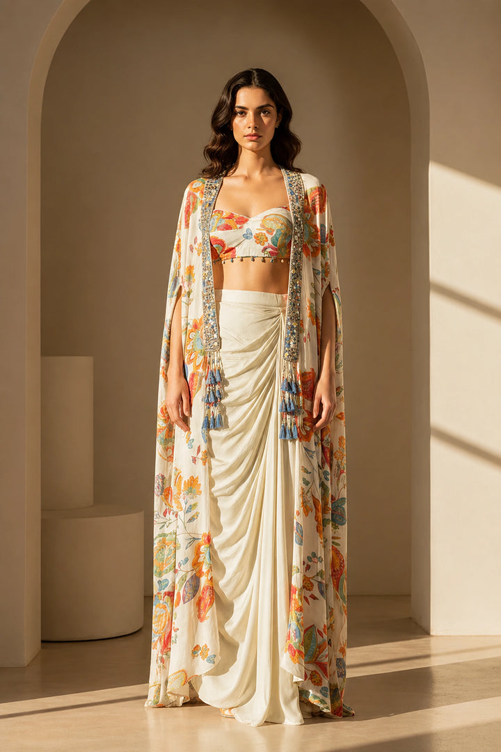 Ivory Crepe Garden Embroidered Cape Set | Basanti Kapde Aur Koffee