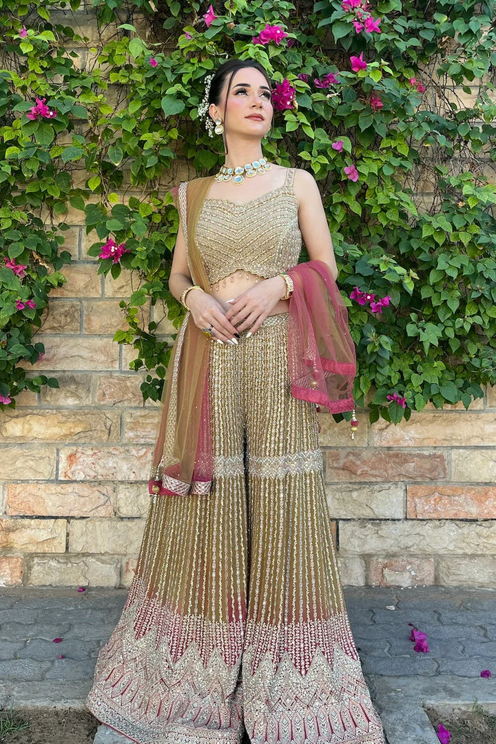 Zainab Gold, Lime and Pink Zari Work Beaded Bridal Sharara Set | Inaayat by Divya Taimni