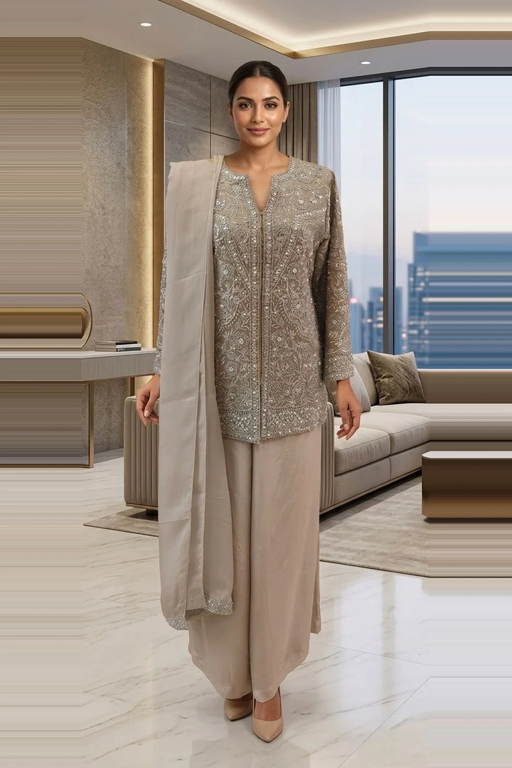Taupe Embroidered Kurta Set with Dupatta |Basanti Kapde Aur Koffee