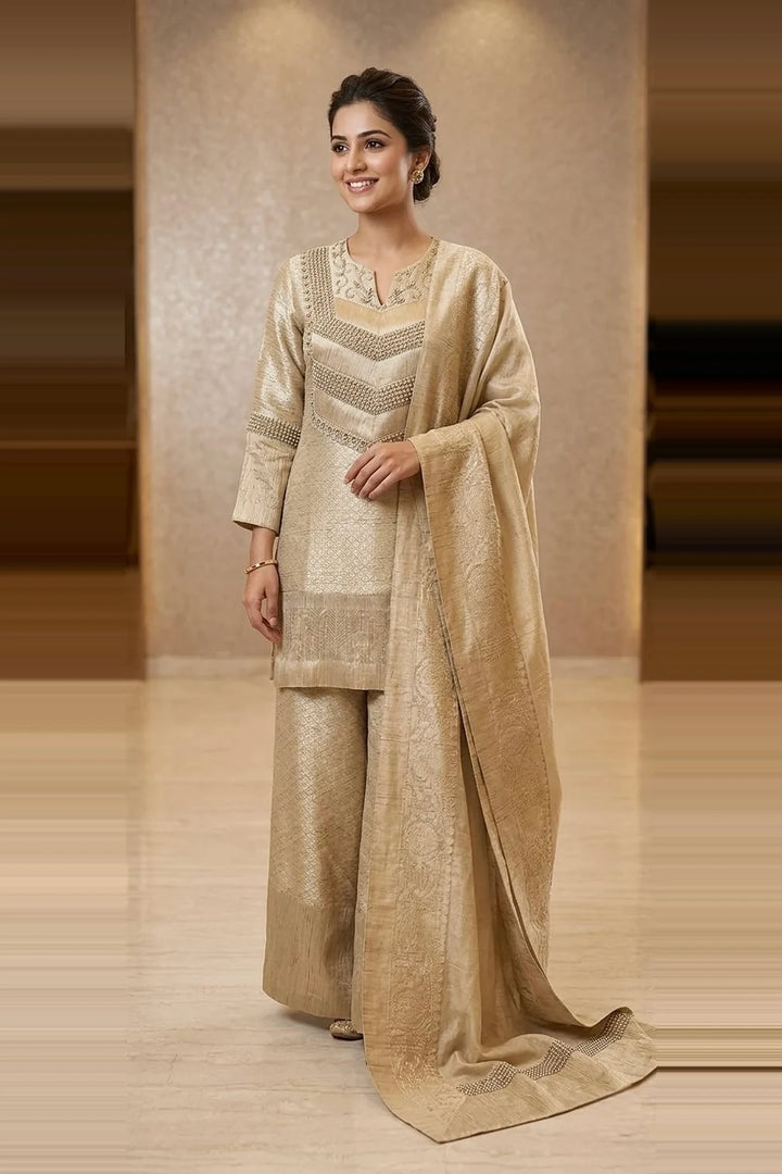 Banarasi Munga Silk Designer Suit with Hand-Embroidered Suit| Essence By Monika