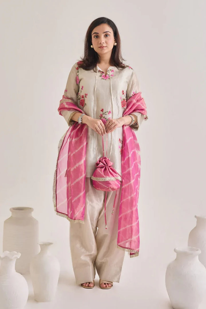 Silver Tissue Farsi Salwar Suit Set with Potli Bag| Essence by Monika
