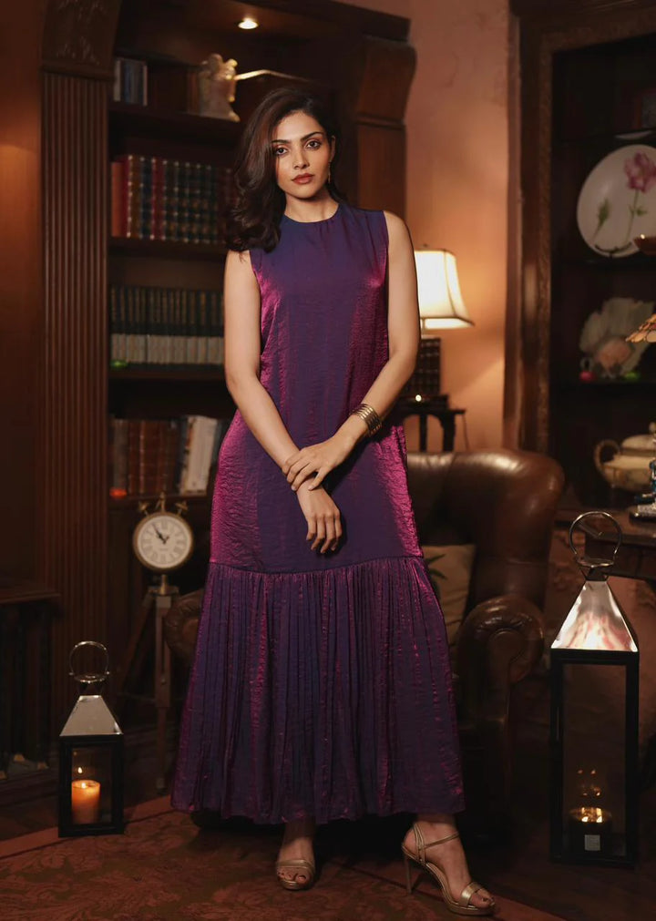 Jamun Royal Purple Pleated Tunic Midi Dress | Duchess Kumari
