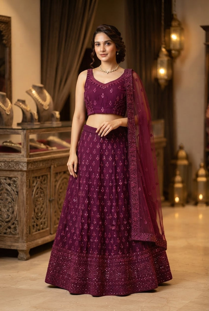 Amani Wine Monochromatic Satin and Net Lehenga Set (Unstitched)| Inaayat by Divya Taimni