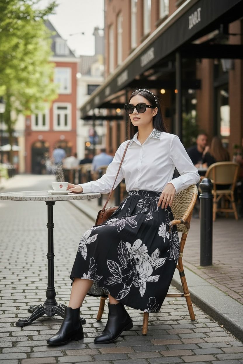White Shirt & Black Floral Skirt Set|VARUN BAHL