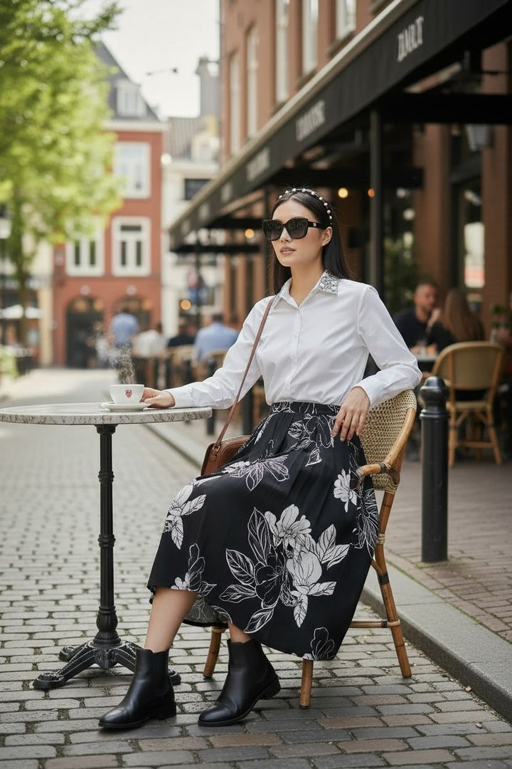 White Shirt & Black Floral Skirt Set|VARUN BAHL