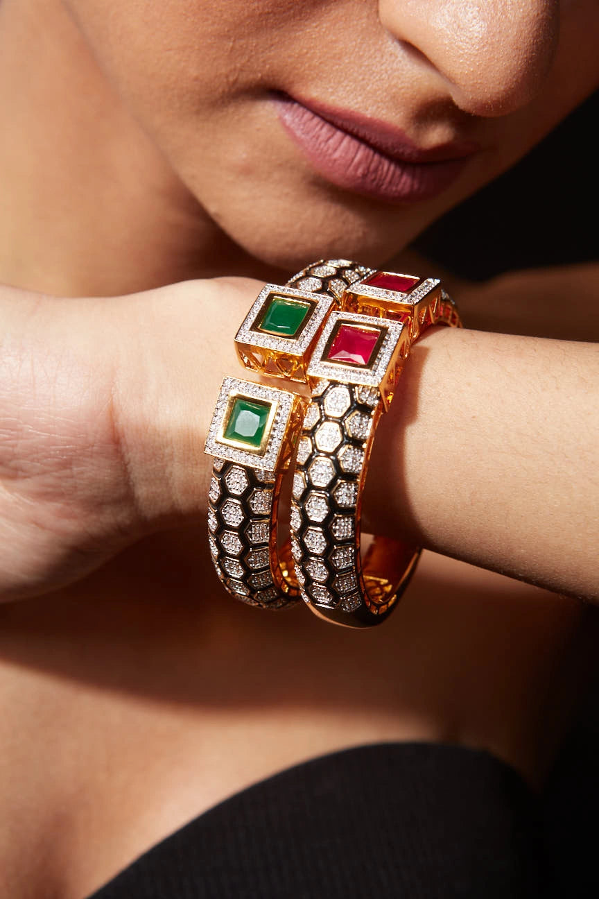 Gold-Plated Green Stone Open Cuff Kada Bracelet |Vivinia by Vidhi Mehra