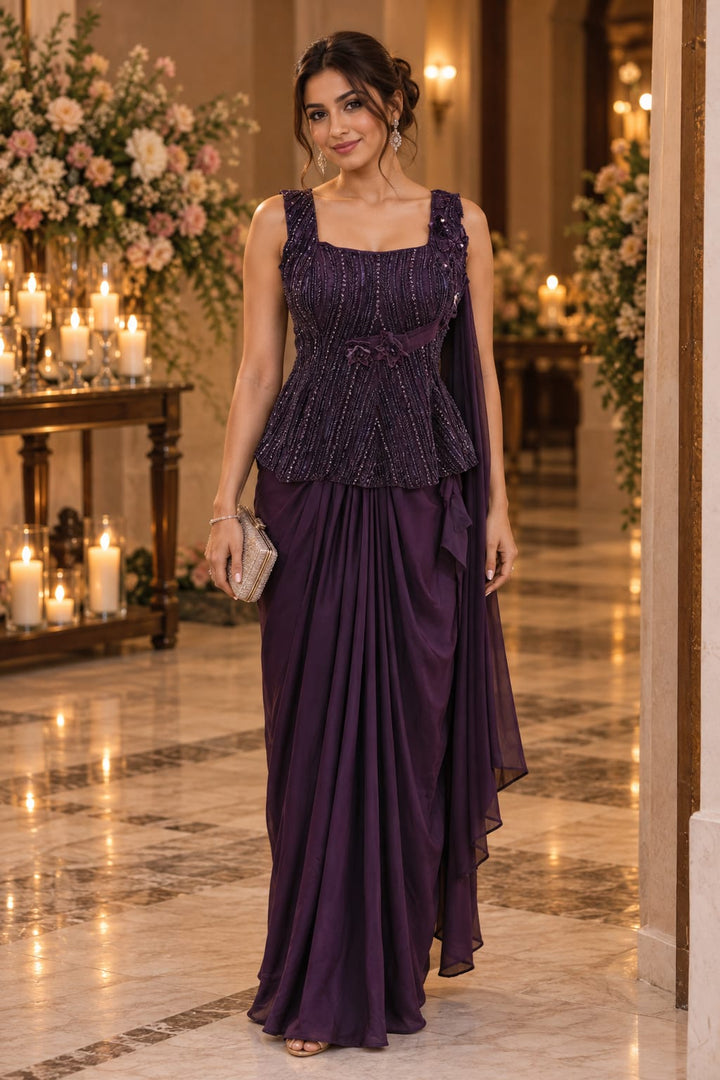 Deep Plum Peplum Blouse and Draped Saree Set | Maya Chabra