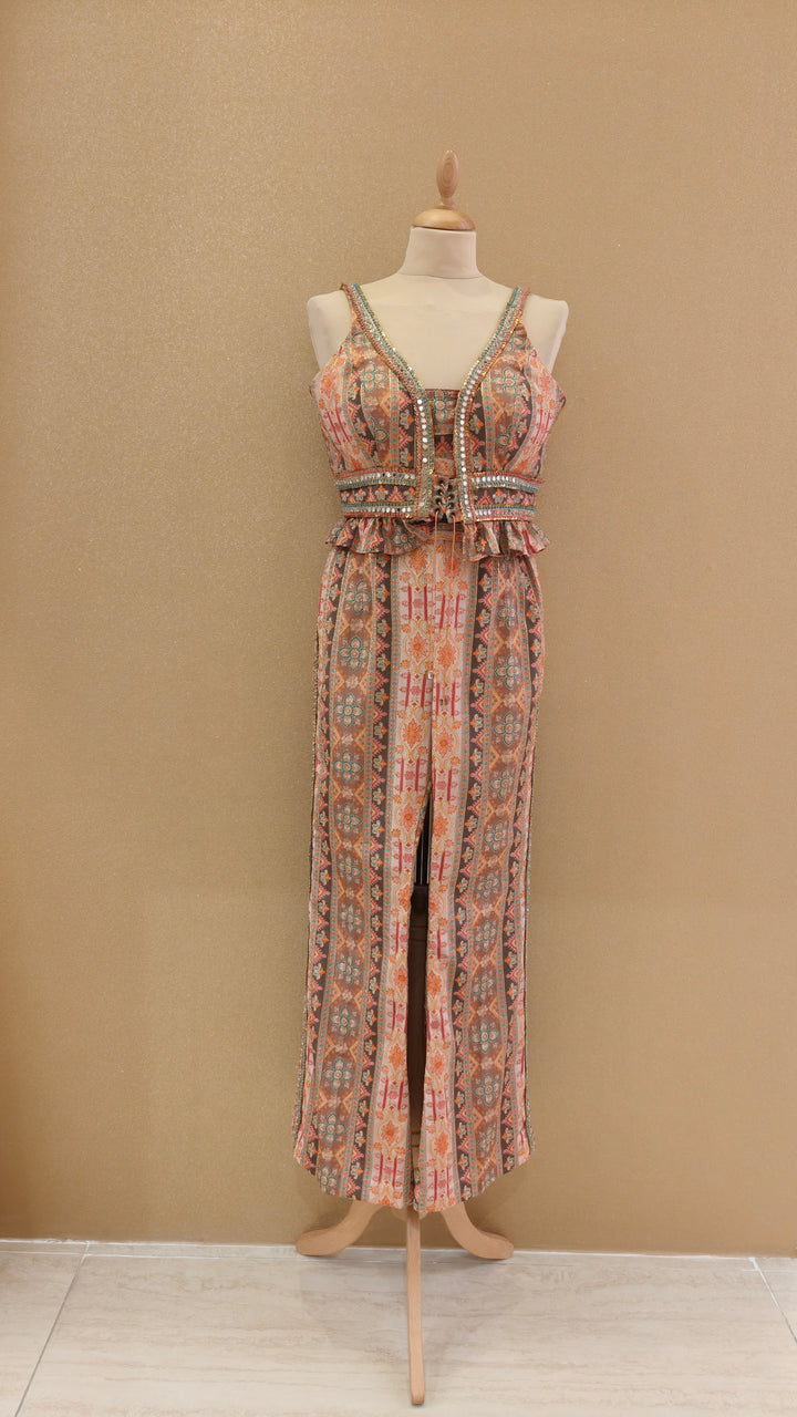 Rust Printed Frill Top with Mirror Work & Straight Pants| Private Collection