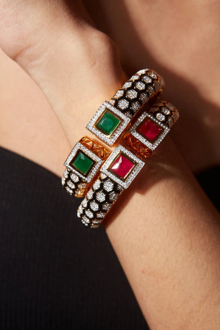 Gold-Plated Green Stone Open Cuff Kada Bracelet |Vivinia by Vidhi Mehra