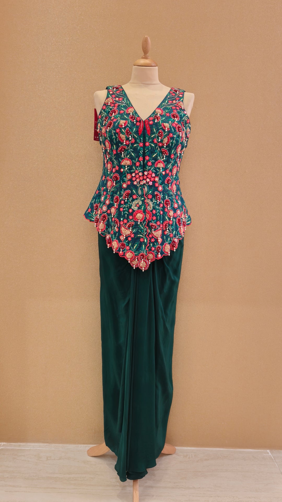 Dark Green Embellished Peplum Top with Drape Skirt| AURAROZE