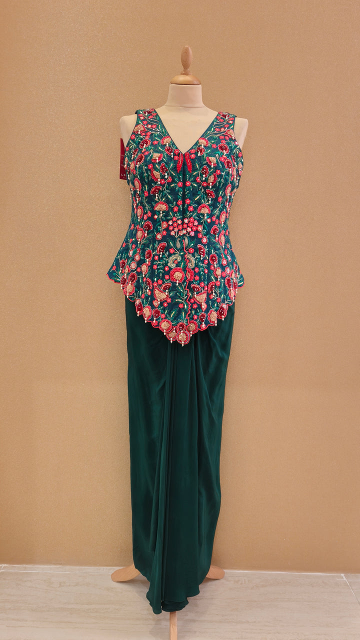 Dark Green Embellished Peplum Top with Drape Skirt| AURAROZE