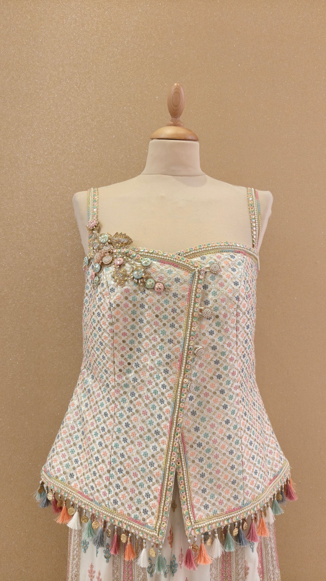 Cream Pastel 4-Button Top & Kali Sharara Set| Private Collection