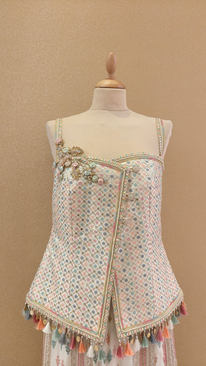 Cream Pastel 4-Button Top & Kali Sharara Set| Private Collection