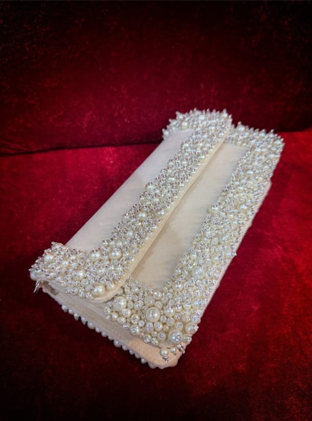 Ivory Pearl-Bordered Evening Flap Bag| Al Falah