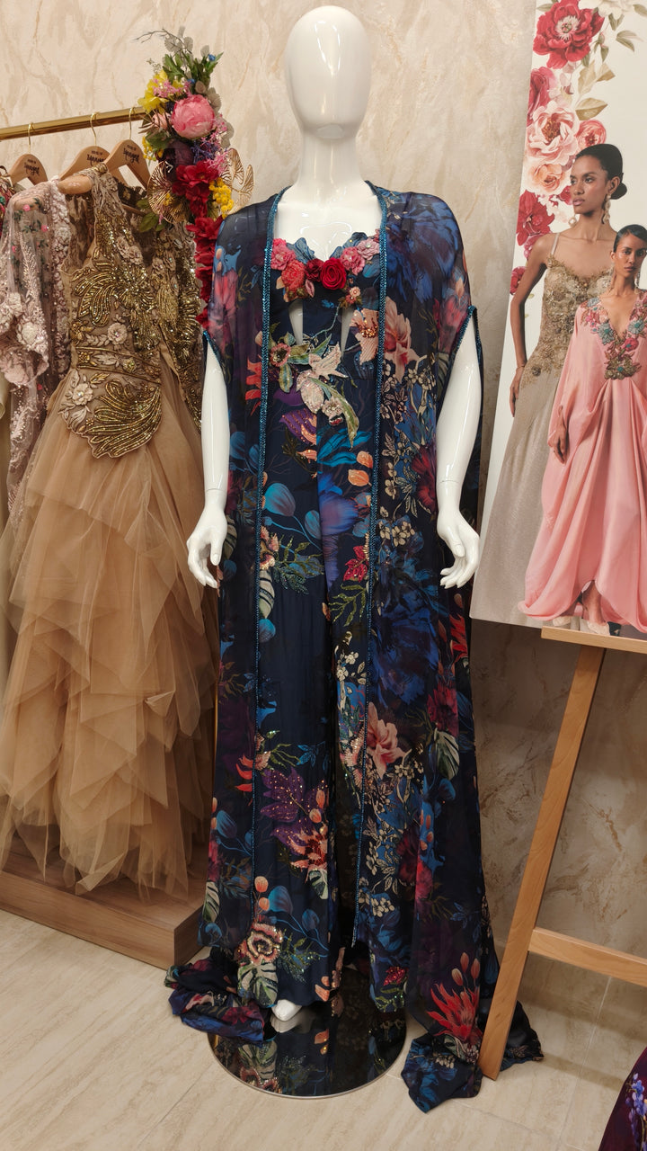Midnight Botanical Printed Jumpsuit with Sheer Cape |VARUN BAHL