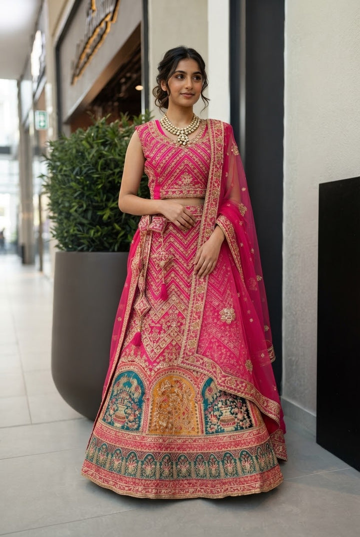 Shagun Bridal Rani Pink and Gold Royal Mughal Motifs Lehenga (Unstitched) | Inaayat by Divya Taimni