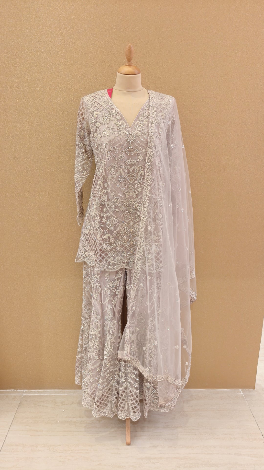 Lilac Net Embroidered Sharara Set| Maya Chabra
