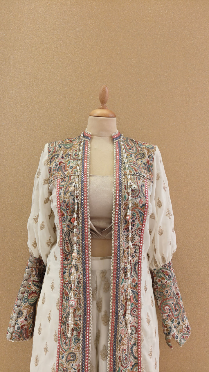 Pastel Threadwork Long Panelled Jacket with Inner Top & Sharara | Private Collection
