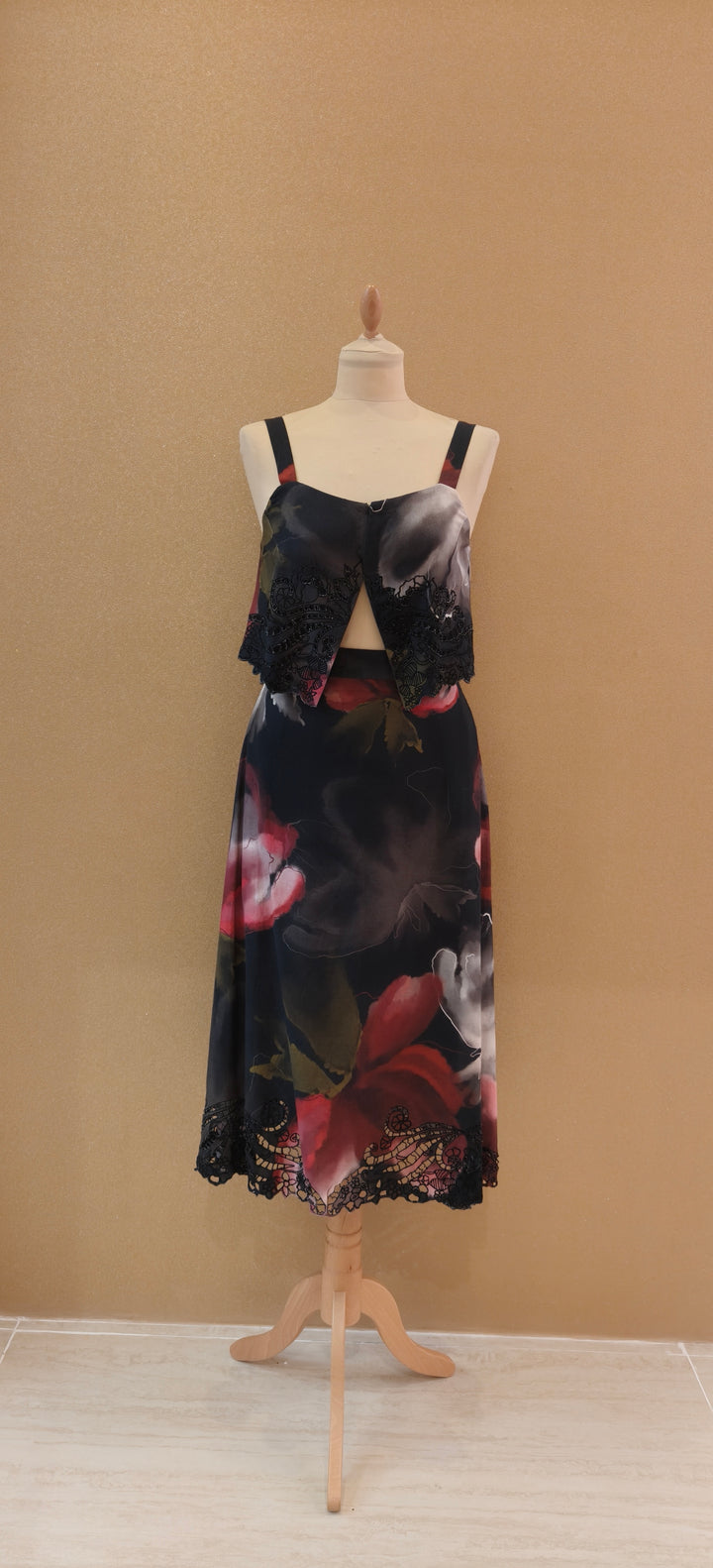Black Floral Print Crop Top & Skirt Set |VARUN BAHL