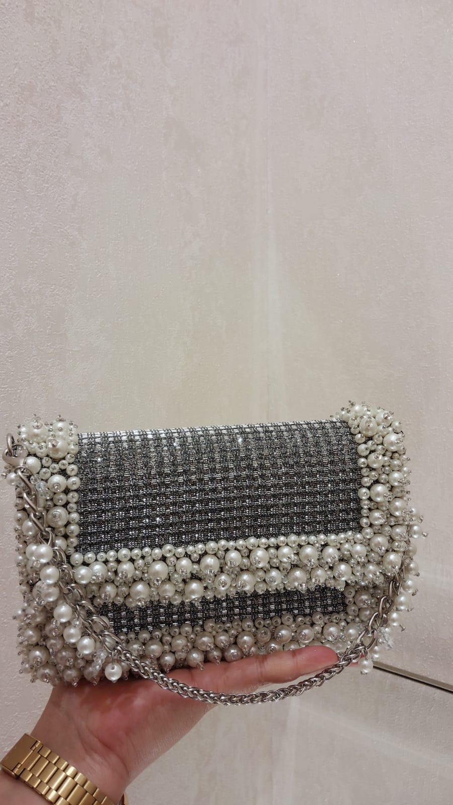 Shimmering Tweed & Pearl Embellished Evening Bag| Al Falah