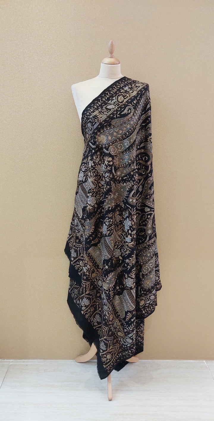 Midnight Black Fine Tilla Embroidered Kashmiri Luxury Shawl |AAMIR