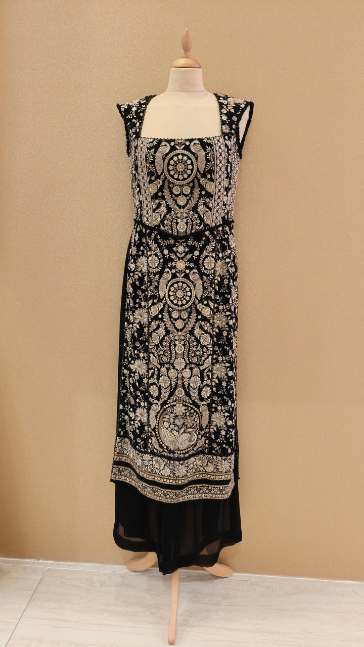 Black & Beige thread embroidered corsetted kurta with georgette drape & slim slit pants| Private Collection