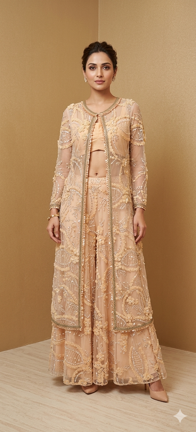 Peach Tulle Long Jacket Inner Top and Skirt| Private Collections
