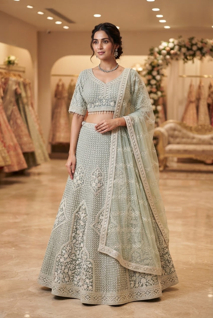 Shagun Ice Blue Lehenga Set with White Beads and Pearls | Inaayat by Divya Taimni