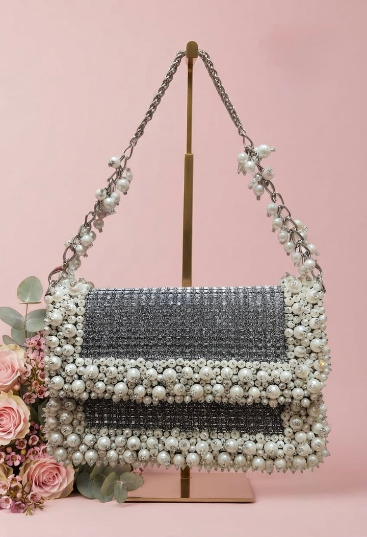 Shimmering Tweed & Pearl Embellished Evening Bag| Al Falah