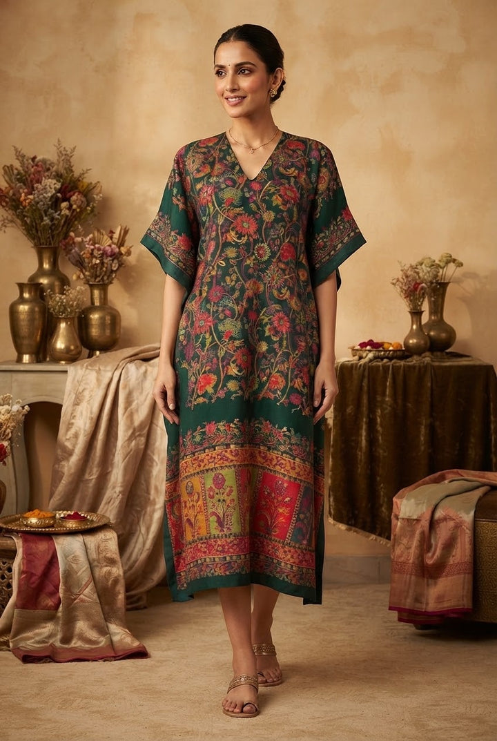 Kimaya Emerlad Green and Red Silk Floral Kaftan