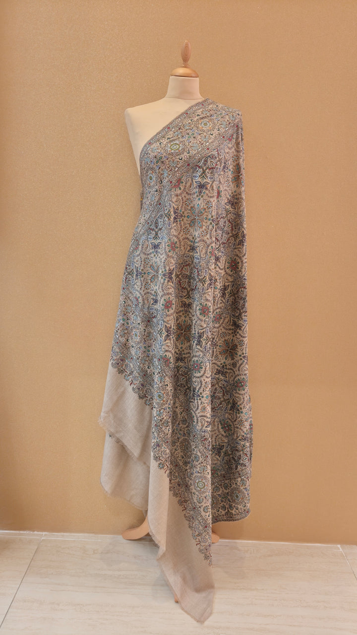 Beige Hand-Embroidered Kashmiri Soojni Shawl|House Of Inaayat